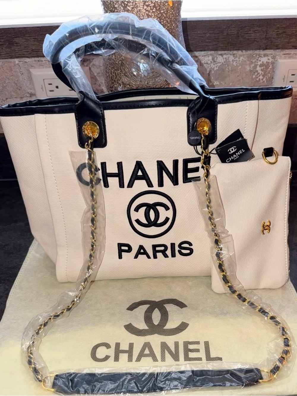 Chanel Cream and Black Canvas Tote with Gold Chain Handles